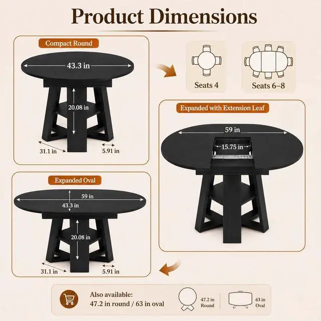 Alt view image 3 of 7 - 43 59" Wooden Extendable Round Conference Table 4-6-8 People | Convertible Oval Meeting Room Table,Office Table with Thicken Tabletop, Apartment Kitchen Dining Room, Black