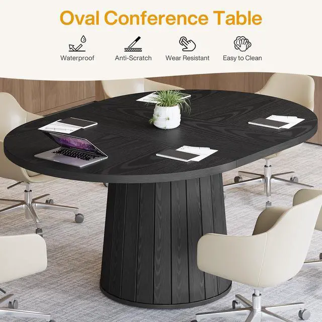 Alt view image 6 of 7 - 55.11" Oval Conference Table for 4-6 (Black) | Rustic Meeting Table, Seminar Boardroom Furniture with Wood Base for Office Conference Room