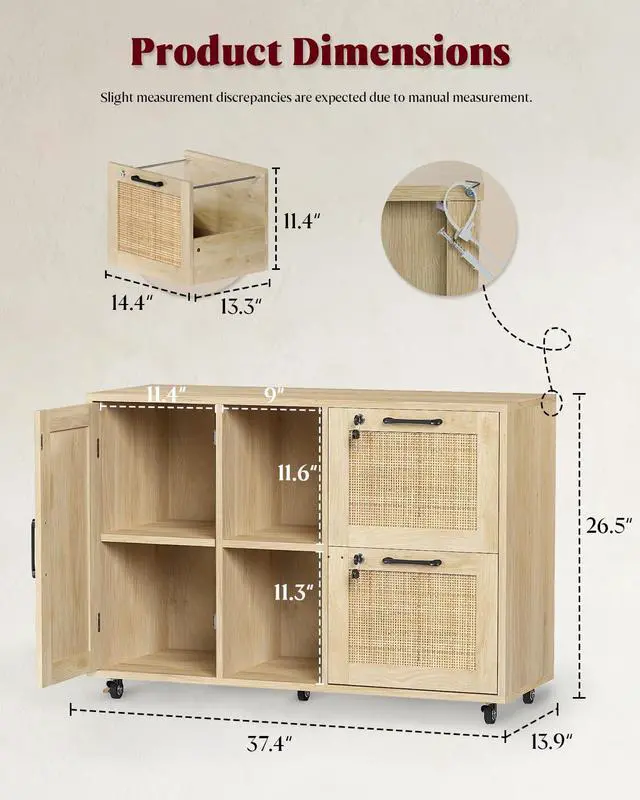 Alt view image 2 of 6 - 2 Drawer File Cabinet with Lock, Small Rattan | Wood Rolling Office Storage for Under Desk Home Office