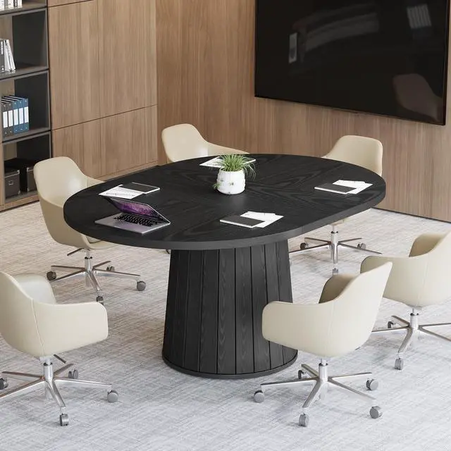 Alt view image 5 of 7 - 55.11" Oval Conference Table for 4-6 (Black) | Rustic Meeting Table, Seminar Boardroom Furniture with Wood Base for Office Conference Room