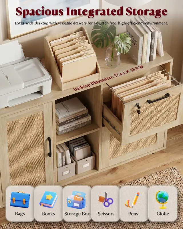 Alt view image 3 of 6 - 2 Drawer File Cabinet with Lock, Small Rattan | Wood Rolling Office Storage for Under Desk Home Office