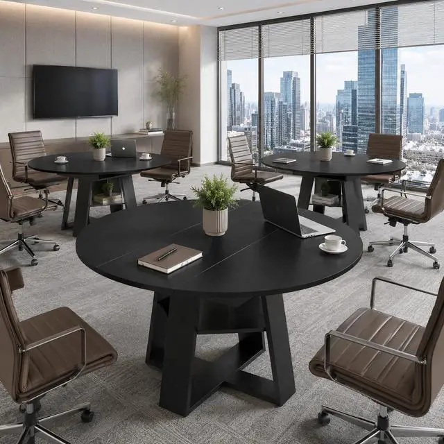 Alt view image 2 of 7 - 43 59" Wooden Extendable Round Conference Table 4-6-8 People | Convertible Oval Meeting Room Table,Office Table with Thicken Tabletop, Apartment Kitchen Dining Room, Black