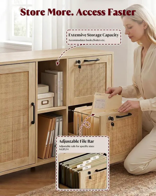 Alt view image 4 of 6 - 2 Drawer File Cabinet with Lock, Small Rattan | Wood Rolling Office Storage for Under Desk Home Office