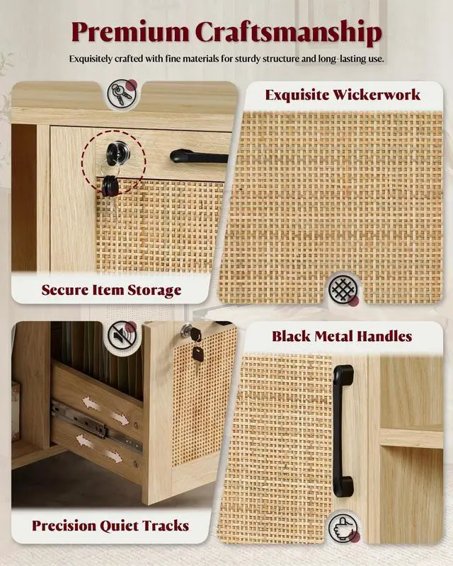 Alt view image 5 of 6 - 2 Drawer File Cabinet with Lock, Small Rattan | Wood Rolling Office Storage for Under Desk Home Office