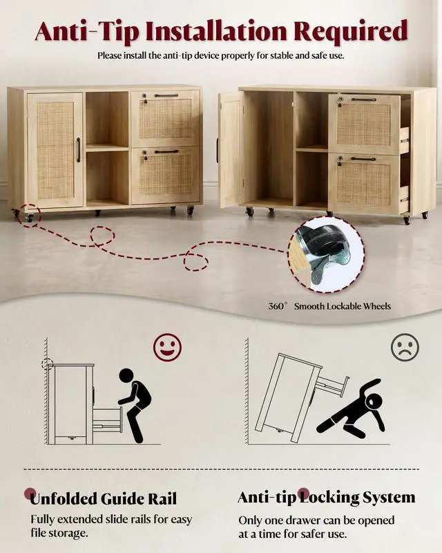 Alt view image 6 of 6 - 2 Drawer File Cabinet with Lock, Small Rattan | Wood Rolling Office Storage for Under Desk Home Office