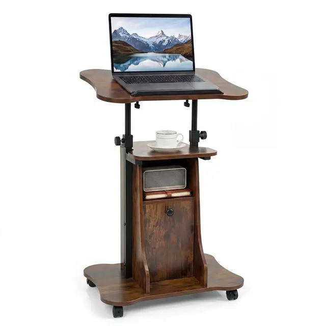 Main image of Mobile Podium Stand, Height Adjustable Laptop Computer Cart w/Tilting Top, Storage Cabinet & Lockable Wheels, Church Classroom Lecture, Sit-to-Stand Desk for Home Office (Rustic Brown,1)