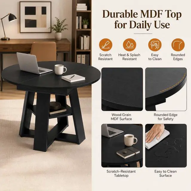 Alt view image 5 of 7 - 43 59" Wooden Extendable Round Conference Table 4-6-8 People | Convertible Oval Meeting Room Table,Office Table with Thicken Tabletop, Apartment Kitchen Dining Room, Black