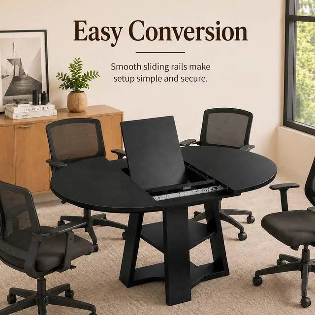 Alt view image 7 of 7 - 43 59" Wooden Extendable Round Conference Table 4-6-8 People | Convertible Oval Meeting Room Table,Office Table with Thicken Tabletop, Apartment Kitchen Dining Room, Black