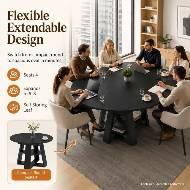 Alt view image 4 of 7 - 43 59" Wooden Extendable Round Conference Table 4-6-8 People | Convertible Oval Meeting Room Table,Office Table with Thicken Tabletop, Apartment Kitchen Dining Room, Black