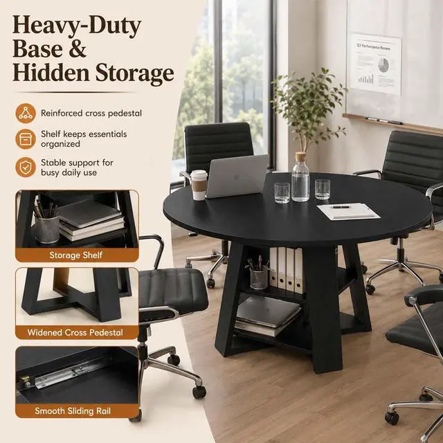 Alt view image 6 of 7 - 43 59" Wooden Extendable Round Conference Table 4-6-8 People | Convertible Oval Meeting Room Table,Office Table with Thicken Tabletop, Apartment Kitchen Dining Room, Black