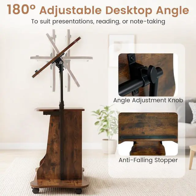 Alt view image 5 of 7 - Mobile Podium Stand, Height Adjustable Laptop Computer Cart w/Tilting Top, Storage Cabinet & Lockable Wheels, Church Classroom Lecture, Sit-to-Stand Desk for Home Office (Rustic Brown,1)