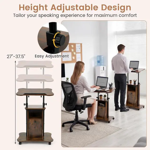 Alt view image 6 of 7 - Mobile Podium Stand, Height Adjustable Laptop Computer Cart w/Tilting Top, Storage Cabinet & Lockable Wheels, Church Classroom Lecture, Sit-to-Stand Desk for Home Office (Rustic Brown,1)