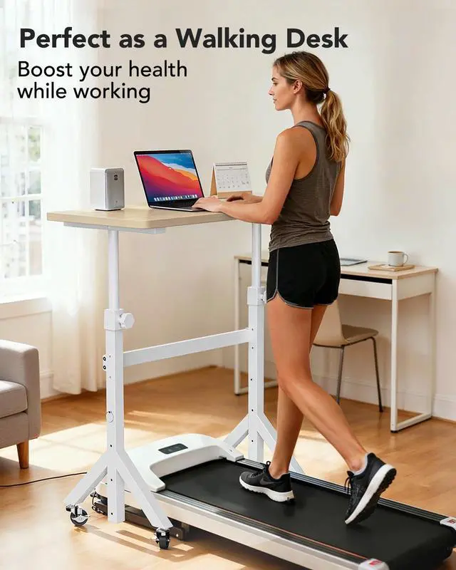 Alt view image 3 of 7 - Small Standing Desk Adjustable Height, 6 Height Settings Up to 46.5, Walking Pad Desk with Triangular Leg Design, Smooth Mobility with Lockable Wheels, Standing Desk for Walking Pad