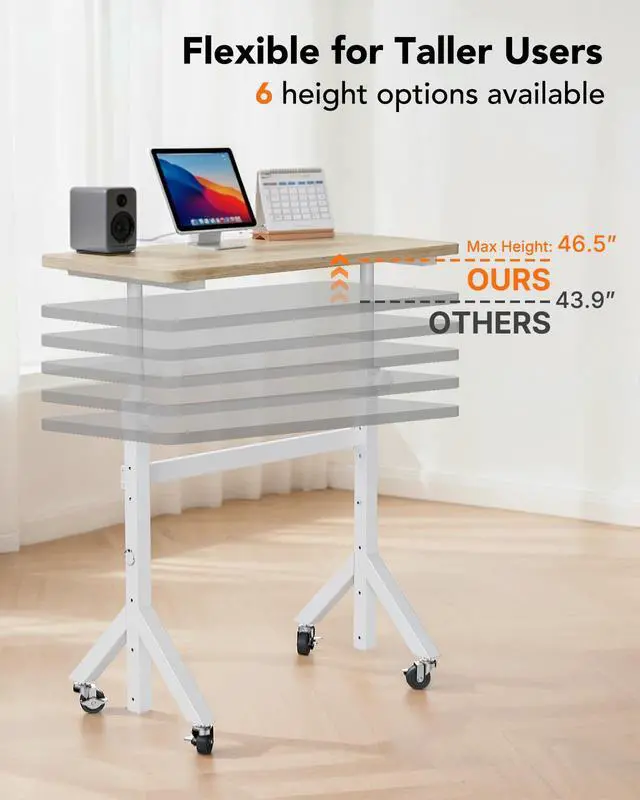 Alt view image 4 of 7 - Small Standing Desk Adjustable Height, 6 Height Settings Up to 46.5, Walking Pad Desk with Triangular Leg Design, Smooth Mobility with Lockable Wheels, Standing Desk for Walking Pad