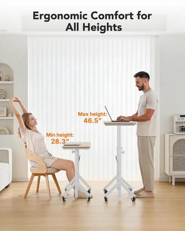 Alt view image 2 of 7 - Small Standing Desk Adjustable Height, 6 Height Settings Up to 46.5, Walking Pad Desk with Triangular Leg Design, Smooth Mobility with Lockable Wheels, Standing Desk for Walking Pad