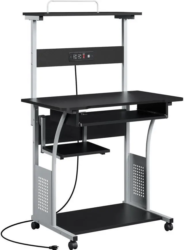 Main image of Rolling Computer Desk with Charging Station and 2 USB Ports for Small Space, Study Writing Desk with Keyboard Tray and Printer Shelf for Home Office, Compact Study Table with Wheels, Black