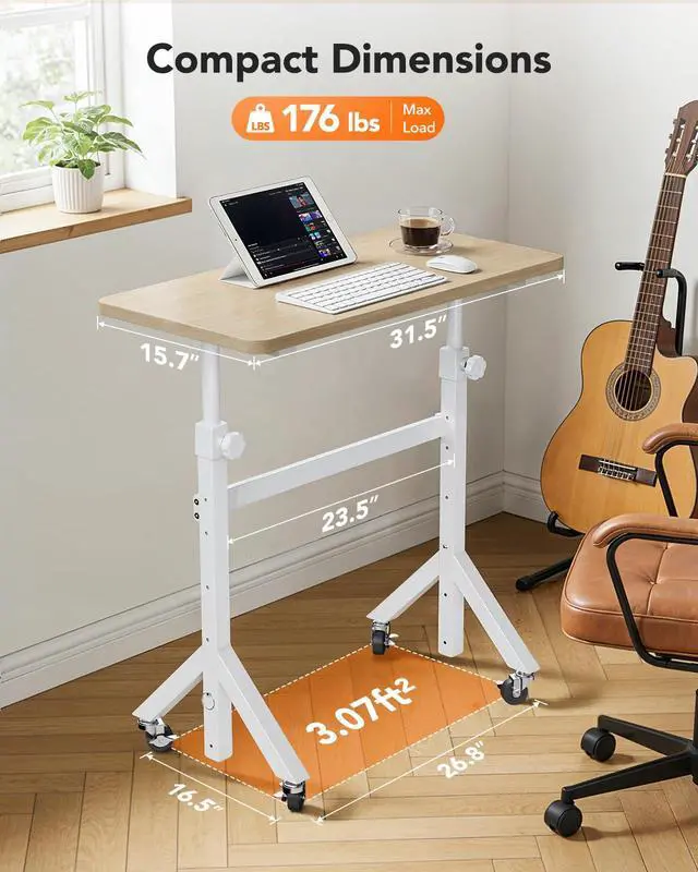 Alt view image 7 of 7 - Small Standing Desk Adjustable Height, 6 Height Settings Up to 46.5, Walking Pad Desk with Triangular Leg Design, Smooth Mobility with Lockable Wheels, Standing Desk for Walking Pad