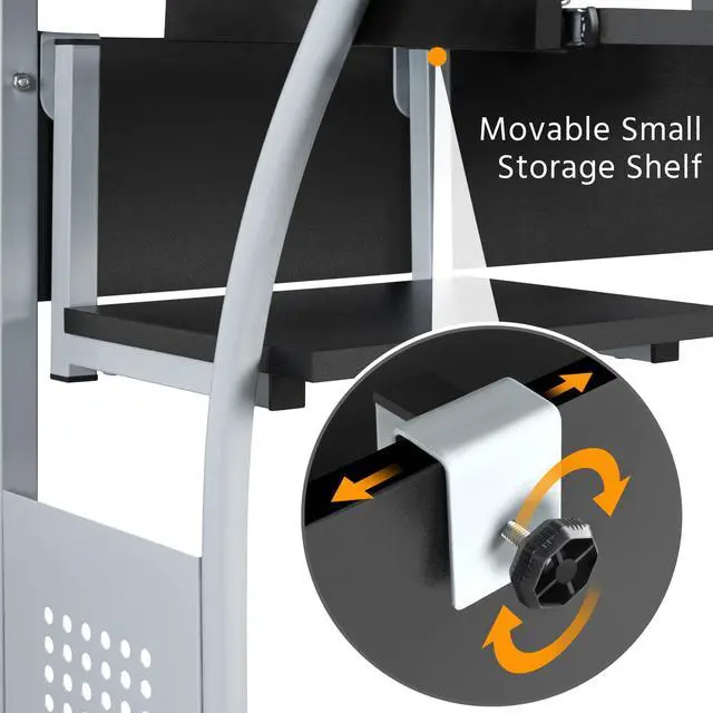 Alt view image 7 of 7 - Rolling Computer Desk with Charging Station and 2 USB Ports for Small Space, Study Writing Desk with Keyboard Tray and Printer Shelf for Home Office, Compact Study Table with Wheels, Black