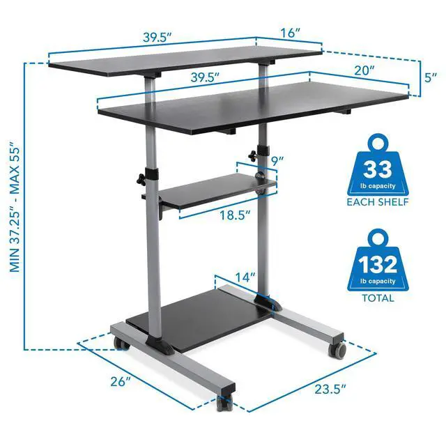 Alt view image 2 of 7 - Mobile Standing Desk | Height Adjustable Rolling Desk with 40 Wide Table Tops | Multi-Purpose Rolling Presentation Cart with Four Platforms | (MI-7970)
