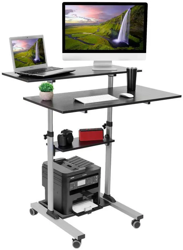Main image of Mobile Standing Desk | Height Adjustable Rolling Desk with 40 Wide Table Tops | Multi-Purpose Rolling Presentation Cart with Four Platforms | (MI-7970)