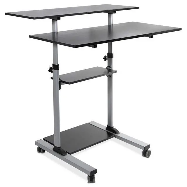 Alt view image 4 of 7 - Mobile Standing Desk | Height Adjustable Rolling Desk with 40 Wide Table Tops | Multi-Purpose Rolling Presentation Cart with Four Platforms | (MI-7970)