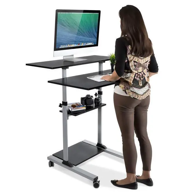 Alt view image 3 of 7 - Mobile Standing Desk | Height Adjustable Rolling Desk with 40 Wide Table Tops | Multi-Purpose Rolling Presentation Cart with Four Platforms | (MI-7970)