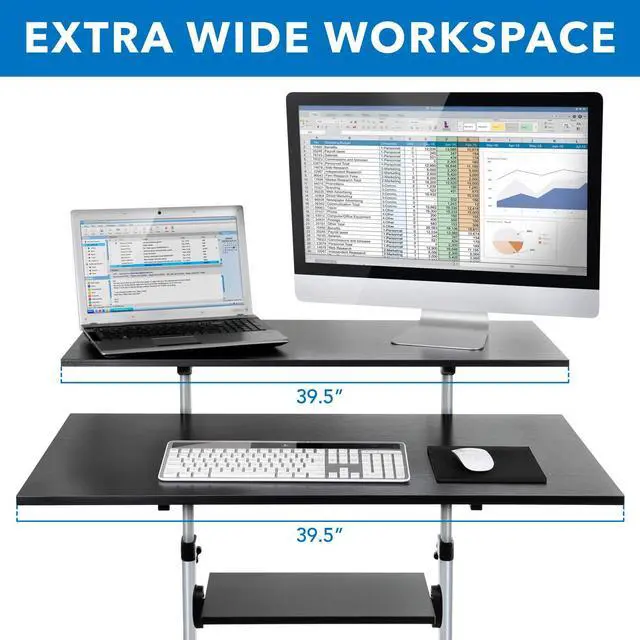 Alt view image 5 of 7 - Mobile Standing Desk | Height Adjustable Rolling Desk with 40 Wide Table Tops | Multi-Purpose Rolling Presentation Cart with Four Platforms | (MI-7970)