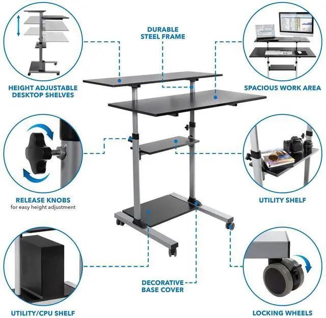 Alt view image 6 of 7 - Mobile Standing Desk | Height Adjustable Rolling Desk with 40 Wide Table Tops | Multi-Purpose Rolling Presentation Cart with Four Platforms | (MI-7970)