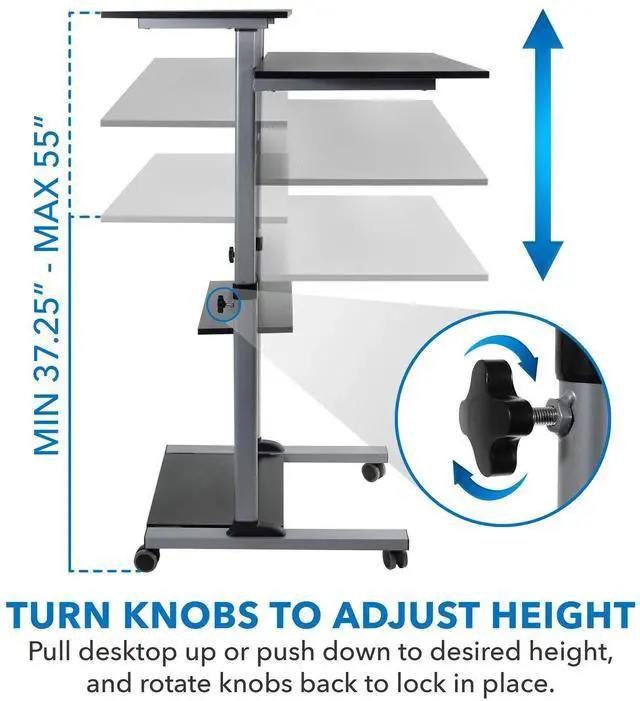 Alt view image 7 of 7 - Mobile Standing Desk | Height Adjustable Rolling Desk with 40 Wide Table Tops | Multi-Purpose Rolling Presentation Cart with Four Platforms | (MI-7970)