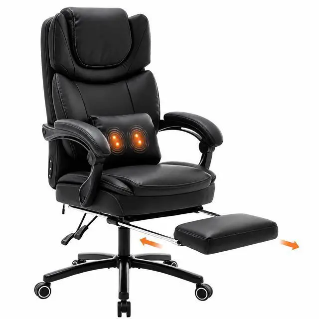 Main image of Big and Tall Massage Heat Office Chair for Executive Gaming People | 100-125° Reclining, Kneading Lumbar Support, Padded Linkage Armrests, Thick Wide Seat