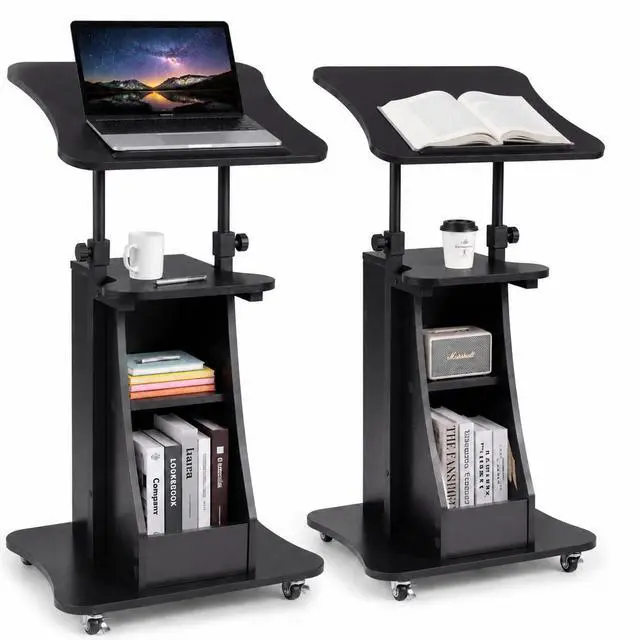 Main image of 2PCS Sit to Stand Mobile Lectern Teacher Podium Portable Height Adjustable Podium Stand Rolling Laptop Desk Cart with Storage Shelf Swivel Top for Classroom, Concert, Church