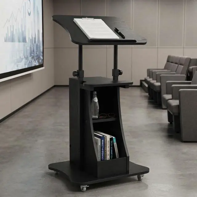 Alt view image 2 of 7 - 2PCS Sit to Stand Mobile Lectern Teacher Podium Portable Height Adjustable Podium Stand Rolling Laptop Desk Cart with Storage Shelf Swivel Top for Classroom, Concert, Church