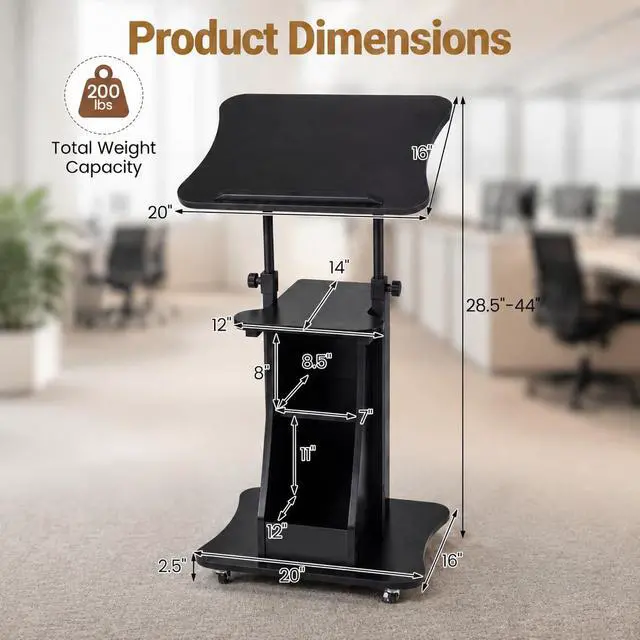 Alt view image 3 of 7 - 2PCS Sit to Stand Mobile Lectern Teacher Podium Portable Height Adjustable Podium Stand Rolling Laptop Desk Cart with Storage Shelf Swivel Top for Classroom, Concert, Church