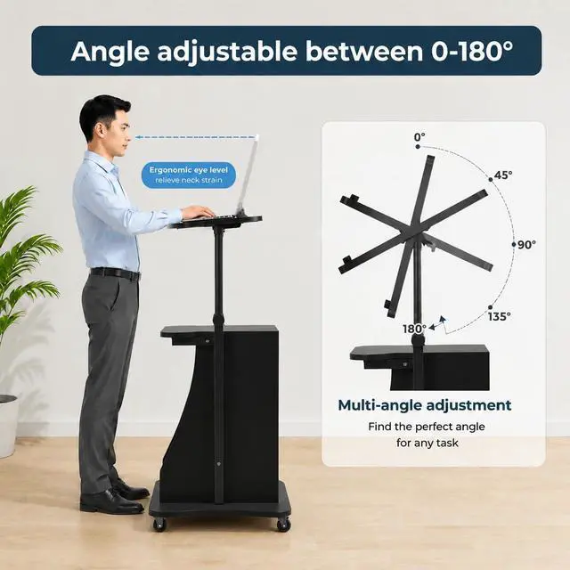 Alt view image 4 of 7 - 2PCS Sit to Stand Mobile Lectern Teacher Podium Portable Height Adjustable Podium Stand Rolling Laptop Desk Cart with Storage Shelf Swivel Top for Classroom, Concert, Church