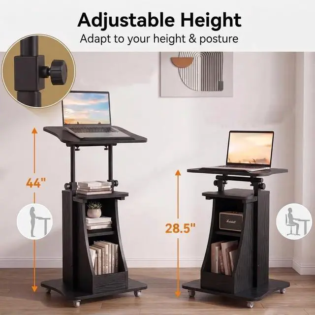 Alt view image 5 of 7 - 2PCS Sit to Stand Mobile Lectern Teacher Podium Portable Height Adjustable Podium Stand Rolling Laptop Desk Cart with Storage Shelf Swivel Top for Classroom, Concert, Church