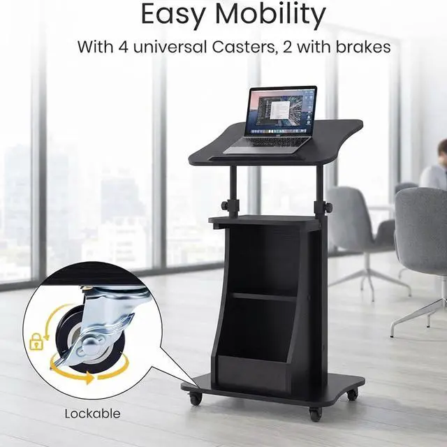 Alt view image 6 of 7 - 2PCS Sit to Stand Mobile Lectern Teacher Podium Portable Height Adjustable Podium Stand Rolling Laptop Desk Cart with Storage Shelf Swivel Top for Classroom, Concert, Church