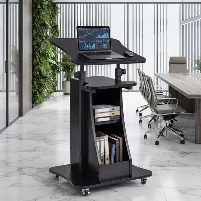 Alt view image 7 of 7 - 2PCS Sit to Stand Mobile Lectern Teacher Podium Portable Height Adjustable Podium Stand Rolling Laptop Desk Cart with Storage Shelf Swivel Top for Classroom, Concert, Church