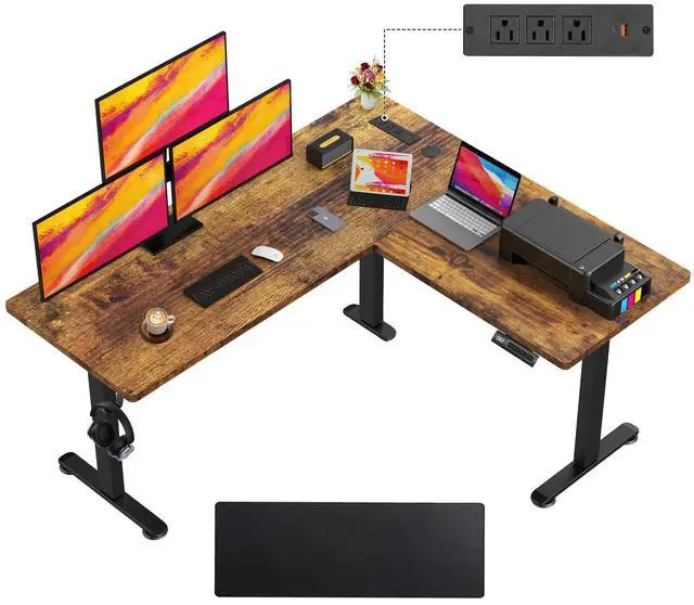 Main image of 63x55 Inch L Shaped Standing Desk with Outlets, Electric Adjustable Height Stand Up Desk, Corner sit Stand Desk with Mouse Pad, Hook, Home Office Writing Gaming Computer Workstation,Brown