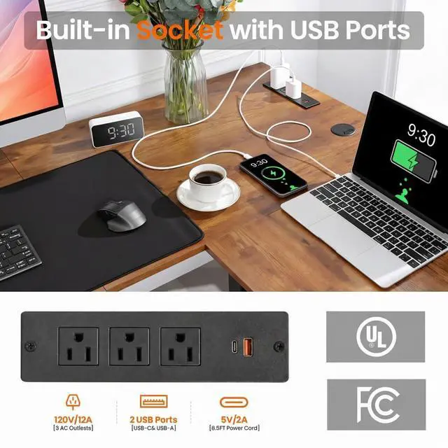 Alt view image 3 of 7 - 63x55 Inch L Shaped Standing Desk with Outlets, Electric Adjustable Height Stand Up Desk, Corner sit Stand Desk with Mouse Pad, Hook, Home Office Writing Gaming Computer Workstation,Brown
