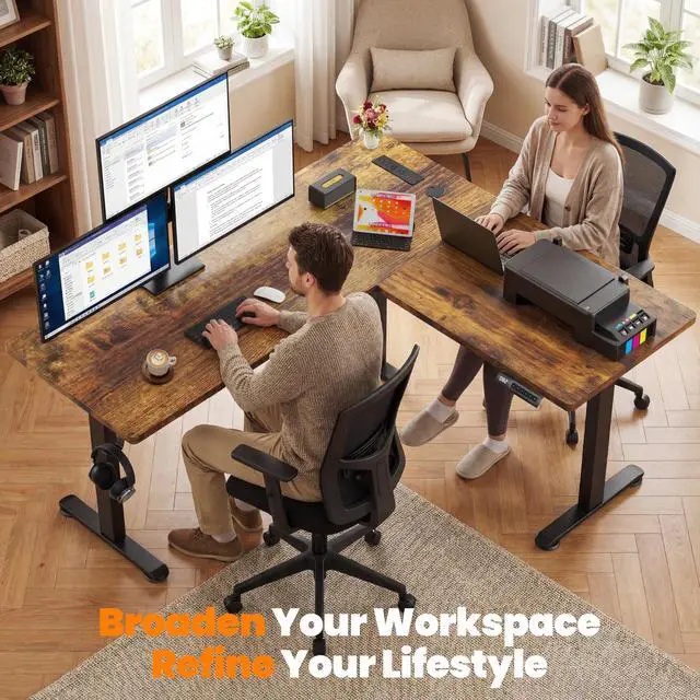 Alt view image 2 of 7 - 63x55 Inch L Shaped Standing Desk with Outlets, Electric Adjustable Height Stand Up Desk, Corner sit Stand Desk with Mouse Pad, Hook, Home Office Writing Gaming Computer Workstation,Brown