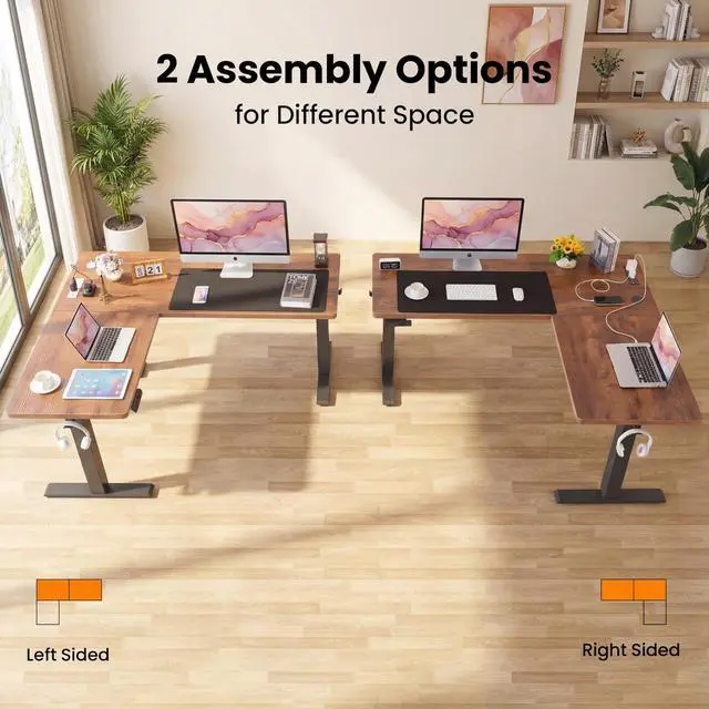 Alt view image 4 of 7 - 63x55 Inch L Shaped Standing Desk with Outlets, Electric Adjustable Height Stand Up Desk, Corner sit Stand Desk with Mouse Pad, Hook, Home Office Writing Gaming Computer Workstation,Brown