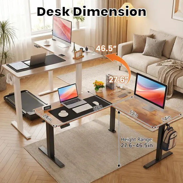 Alt view image 6 of 7 - 63x55 Inch L Shaped Standing Desk with Outlets, Electric Adjustable Height Stand Up Desk, Corner sit Stand Desk with Mouse Pad, Hook, Home Office Writing Gaming Computer Workstation,Brown