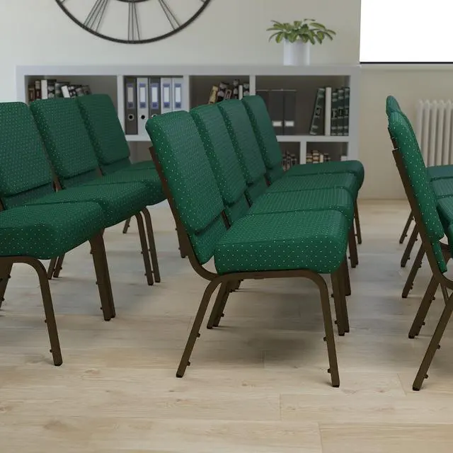 Main image of Hunter Green Patterned Fabric 21" W Stacking Church Chair | Gold Vein Frame, Fabric Upholstery