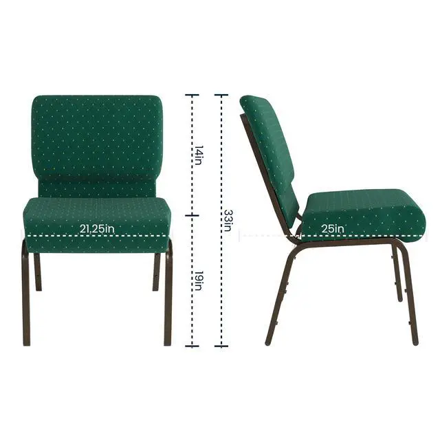 Alt view image 2 of 7 - Hunter Green Patterned Fabric 21" W Stacking Church Chair | Gold Vein Frame, Fabric Upholstery