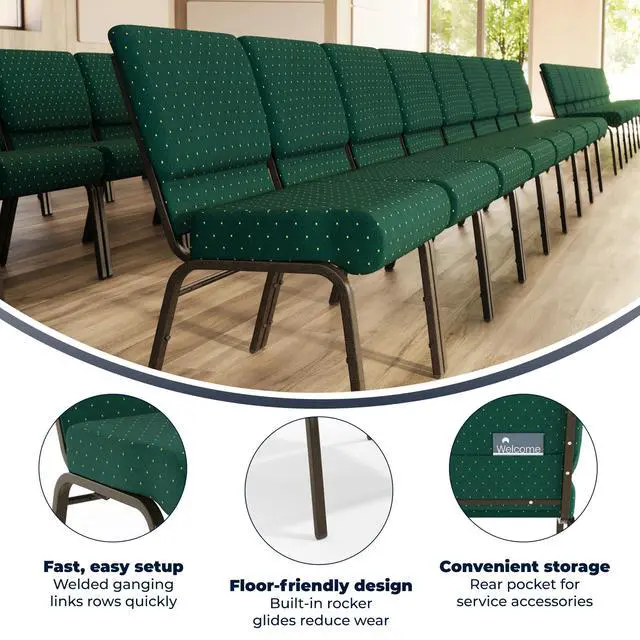 Alt view image 4 of 7 - Hunter Green Patterned Fabric 21" W Stacking Church Chair | Gold Vein Frame, Fabric Upholstery