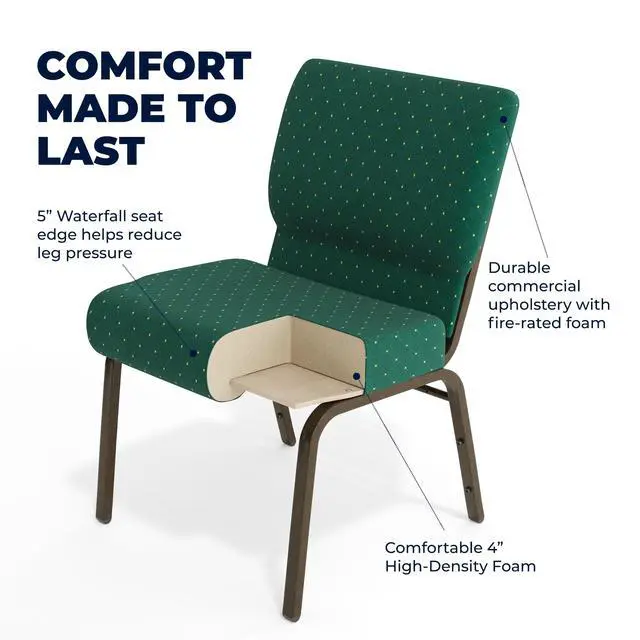Alt view image 5 of 7 - Hunter Green Patterned Fabric 21" W Stacking Church Chair | Gold Vein Frame, Fabric Upholstery