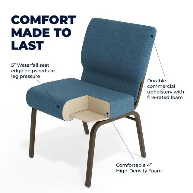 Alt view image 5 of 7 - Blue Fabric 21" W Stacking Church Chair | Gold Vein Frame, Fabric Upholstery