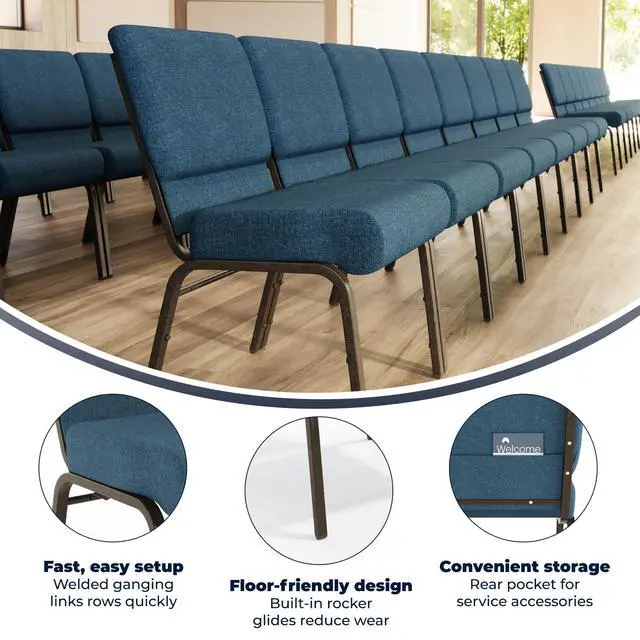 Alt view image 4 of 7 - Blue Fabric 21" W Stacking Church Chair | Gold Vein Frame, Fabric Upholstery