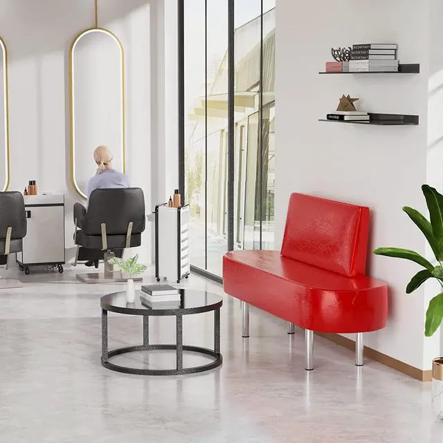 Alt view image 2 of 7 - Waiting Room Bench Seating with Backrest,59.1'' Salon Reception Bench Office Chair,Heavy Duty Guest Lobby Chair for Beauty Barber Furniture, Faux Leather,Red