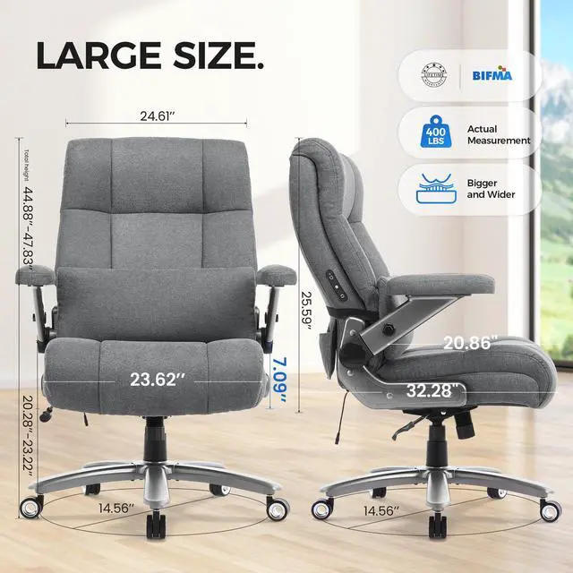 Alt view image 3 of 4 - Big and Tall Office Chair with Massage Heat for Heavy Duty People | 7.09'' Extra Wide Seat,Flip Arms, Ergonomic with Thick Spring Cushion